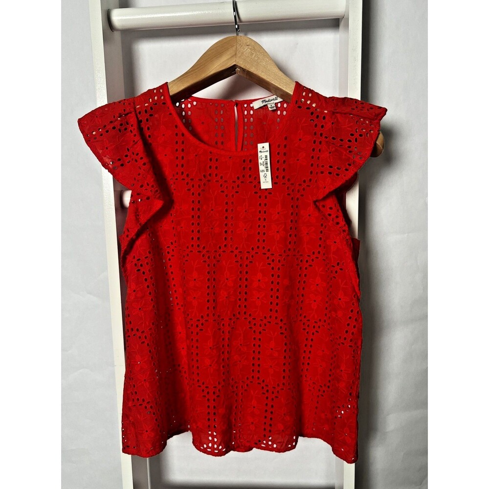 MADEWELL Woven Lace Eyelet Red Blouse Size S  NWT Floral  Ruffle Sleeve Preppy